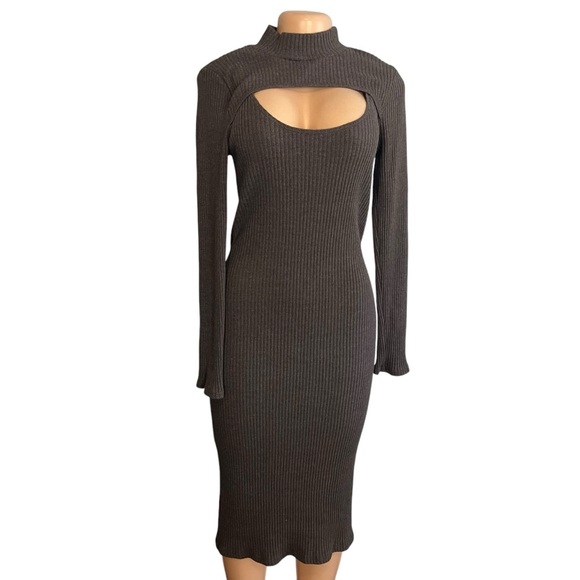 Anthropologie T.L.A Grey Mock Neck Cut Out Midi Dress - Picture 4 of 14